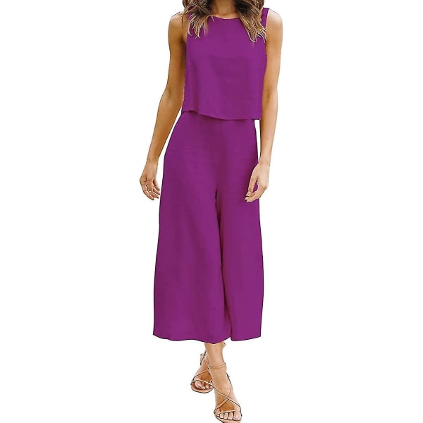 Roylamp Sommer-outfits til kvinder i 2 dele Rundhalset Crop Basic Top Beskåret Bukser med brede ben, Jumpsuits Purple Small