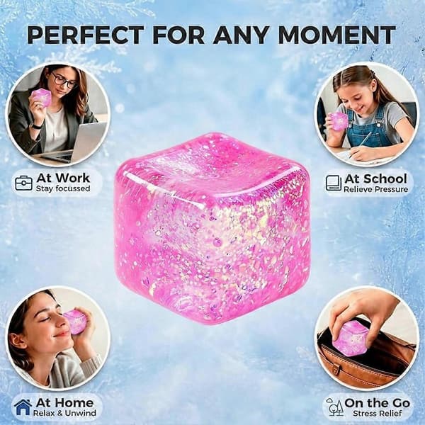 Ice Cube Squishy Fidgetleksak, Långsamt Stigande Klämbar Sensorisk Leksak Stressboll för Ångestlindring Rosa-Glitter Pink
