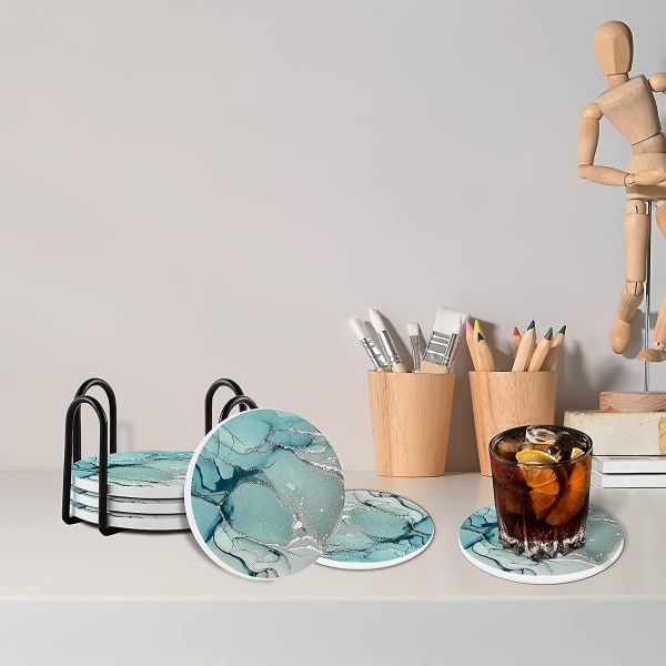 Keramiska glasunderlägg för drycker Vattenabsorberande, kork marmor textur glasunderlägg med hållare för soffbord BlueGreen