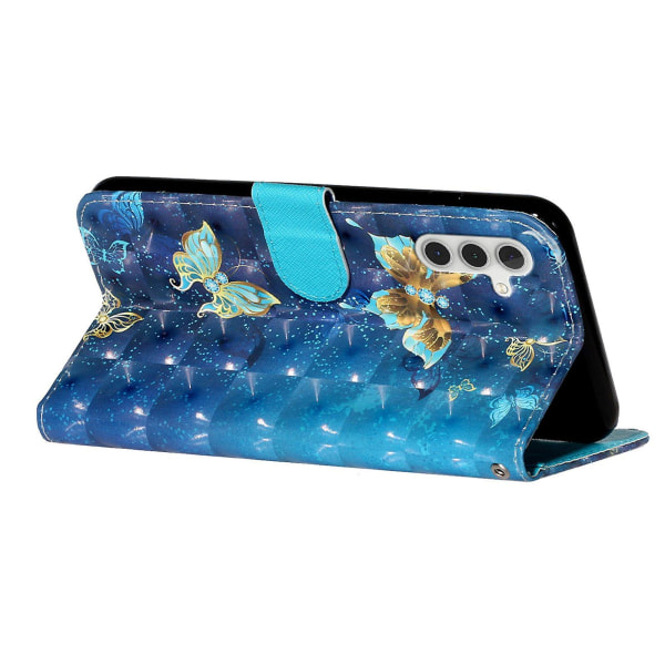 Telefonveske med 3D-mønsterutskrift for Samsung Galaxy A14 5G, anti-ripe PU lær lommebok Flip Cover Stativ med stropp Blue Gold Butterflies