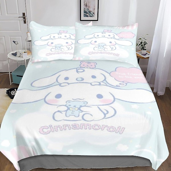 EKENOZ Cinnamoroll Dynetrekksett Søt Hund Sengetøysett 3D Mikrofiber Polyester Dynetrekk med Pute, 3-delt sett, Glidelås Dynetrekk Dobbel King220x240cm