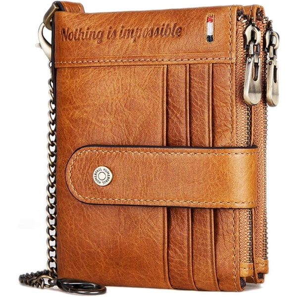RFID-blokkeringslommebok for menn i ekte skinn med kjede, bifold lommebok for menn 19 kredittkort og zip-lommebok, gaveeske, brun Brown
