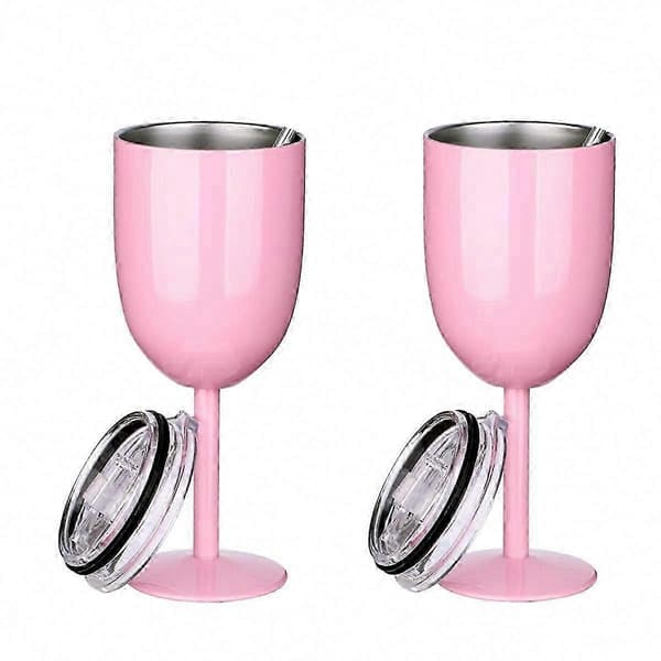 2 STK Isolerede Rosévinglas - Dobbeltvæggede Rejsekopper i Rustfrit Stål med Lækagesikkert Låg til Voksne Pink