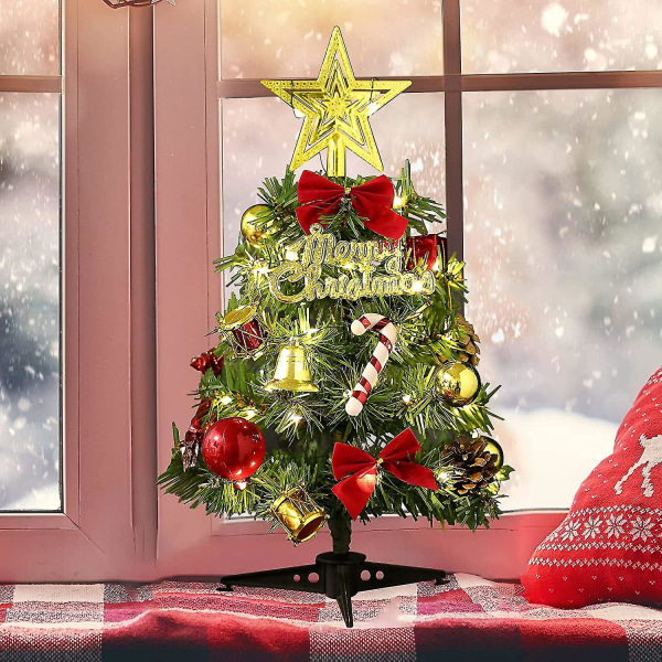 12 tommer mini desktop juletræ, kunstigt julefyrtræ, med LED-lys og julehuspynt