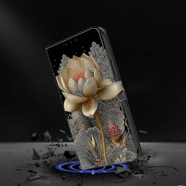 Plånboksfodral med vikbart stativ för Galaxy S25 FE, mönstertryckt läderflipfodral för telefon Golden Lotus