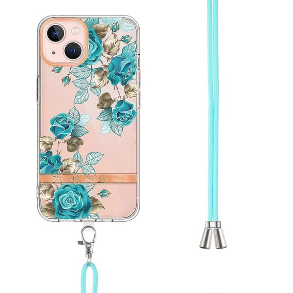Til iPhone 14 Plus Blomster og Planter Serie IMD TPU Telefon Cover med Snøre Blue Rose