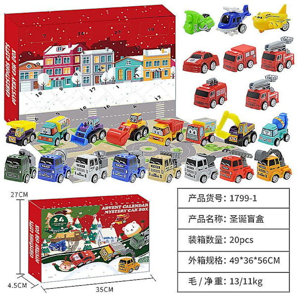 Julekalender, Julekalender til Børn med 24 Dages Nedtælling Træk Tilbage Biler Legetøj Jule Nedtællingskalender Blind Box Gave til Børn Dreng