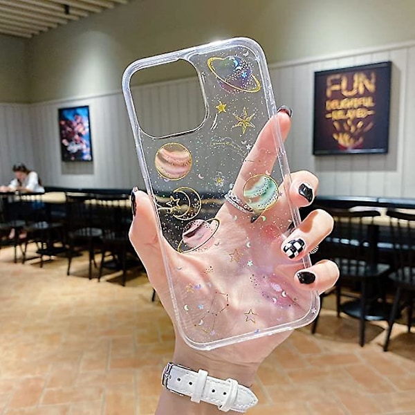 Mobilfodral för iPhone 13 Pro Max, Sött, Transparent Glittrande Planet Stjärna Rymddesign, Glittrande Bling Smalt Mjukt TPU Skyddande Fodral för Kvinnor Flickor