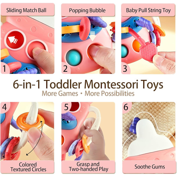Baby Sensorisk Montessori Legetøj til 6-12-18 Måneders Babyer, Fødevaregodkendt Silikone Trækstreng Tandrelegetøj, Sensorisk Aktivitetslegetøj Bottle-Pink