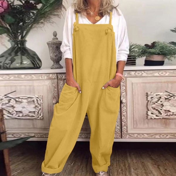 Dame overalls Dungarees Romper Baggy Playsuit Bomuld Linned Jumpsuit Yellow XL