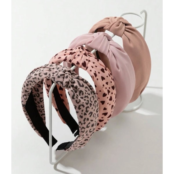 Knotted Fashion Hairbands and Hair Hoops: Non-Slip Top Knot Headbands with Leopard Print for Women and Girls - 4PCS Beige Brown Hair Accessories Set Pink Heart Leopard Head Band