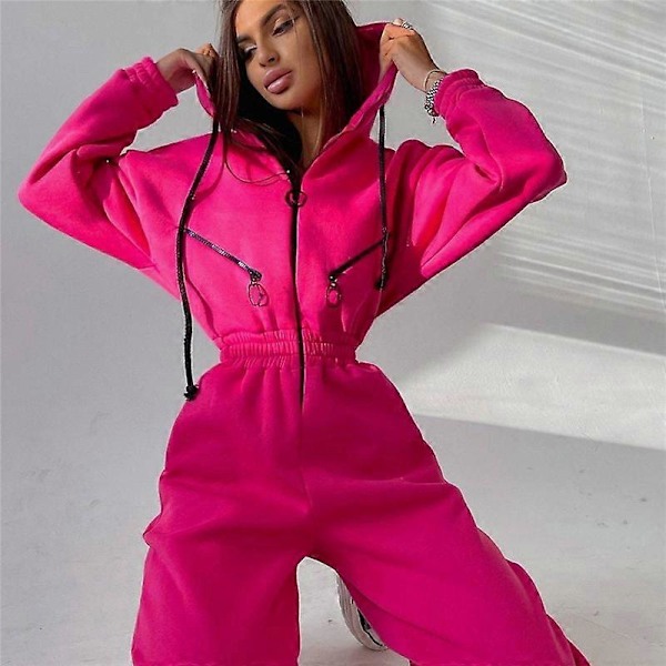 Dam Tracksuit Falsk Tvådelad Set Casual Dragkedja Dragkedja Hoodie Suit Mode Solid Lös Höst Vinter Tröja Sport Set RoseRed M