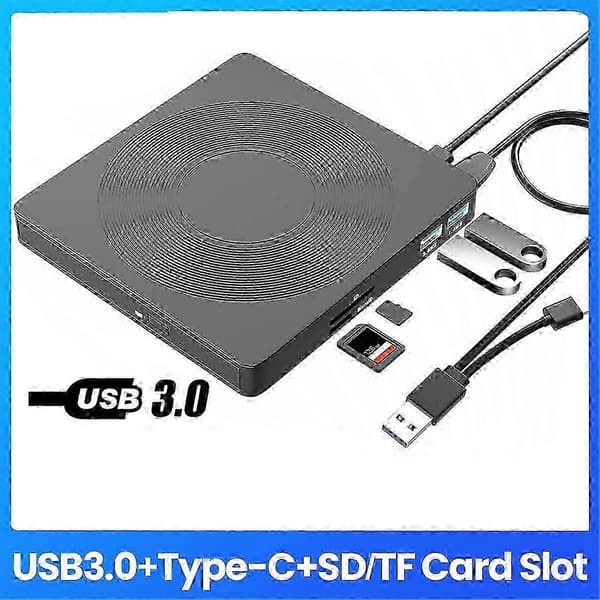 Ekstern CD DVD RW-drev USB C-kompatibel med bærbar computer og stationær computer Inkluderer SD TF-kortlæser optisk drev