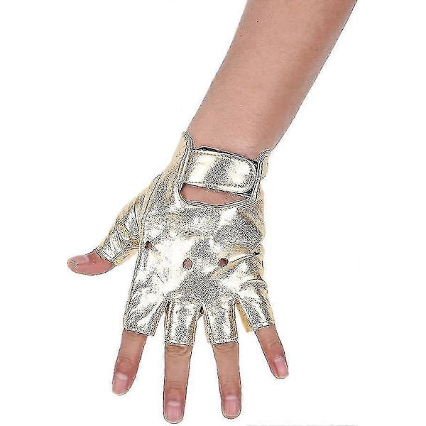 Män PU Läder Punk Halv Finger Ihålig Handskar Guld