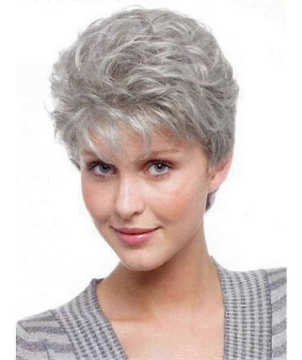 Kort grå paryk til kvinder Pixie Cut Grå Naturlig Krøllet Med Pandehår Syntetisk Kort