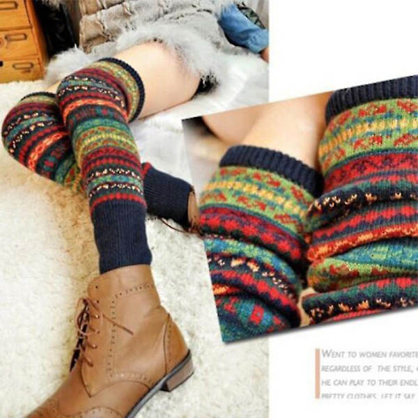 Kvinners Boho Leg Warmers Vinter Høy Kne Strømper Heklet Strikket Lang Strømpe Navy Blue