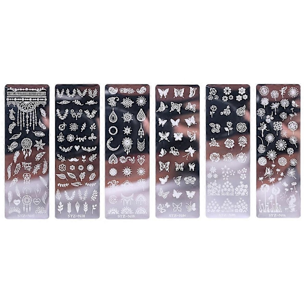 6 st Nagelstämplingsplattor Blommor Nagelplatta Fjärilar Mallplatta för Kvinnor 12*4*0.1cm