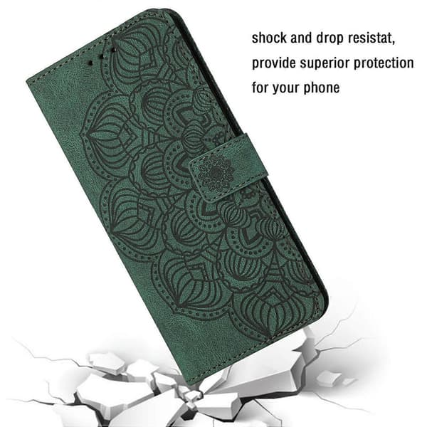 For iPhone 14 Plus Mandala Preget Flip Lær Telefonveske Green