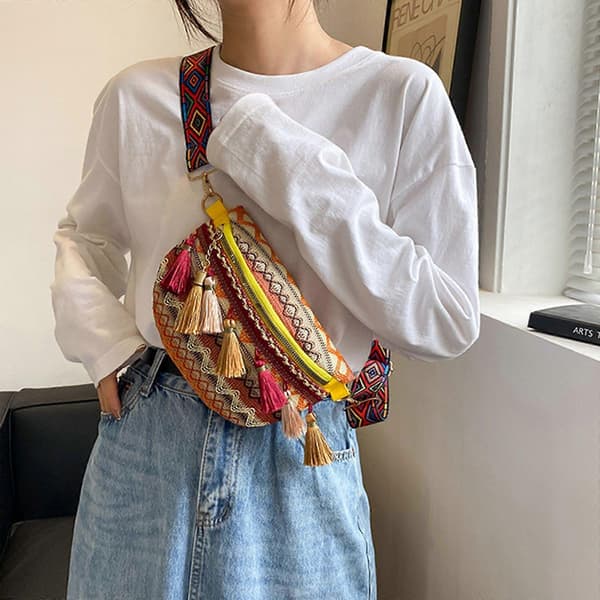 Vävda Crossbody Väskor Dam Tofs Midjeväska Retro Läder Axelväskor Yellow 1pc