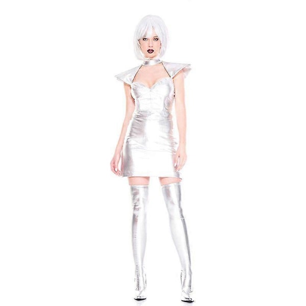 Astronaut Cosplay Kostym Silver Rymddräkt Halloween Maskerad Karnevalskostym för Kvinnor with wig M