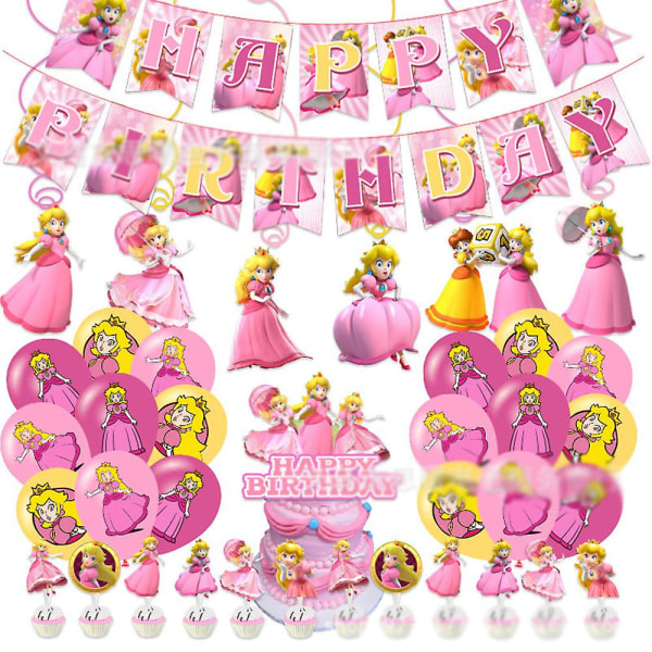 Super Mario Bros Princess Peach Tema Barn Flickor Födelsedagsfest Dekorationer Tillbehör Ballonger Banner Swirls Tårta Cupcake Toppers Set Kit