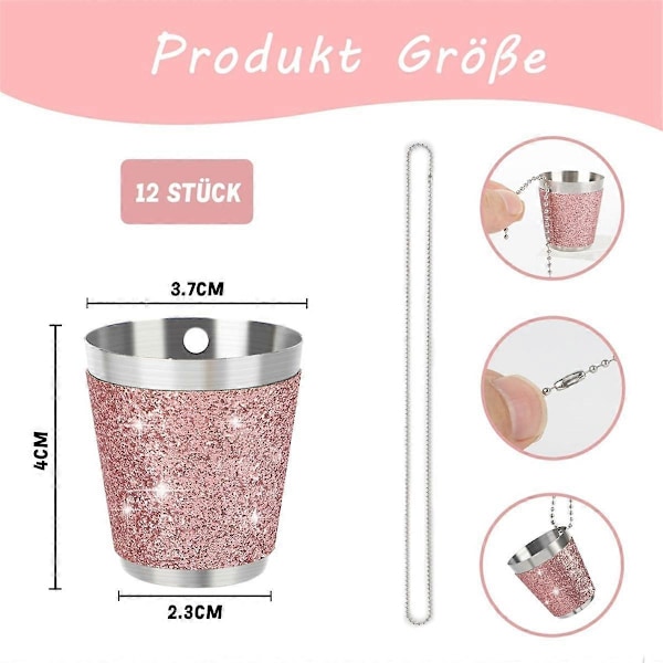 12 stk. shotglas i metal til ophængning, shotglas i rustfrit stål med kæde, shotglas 30 ml Pink