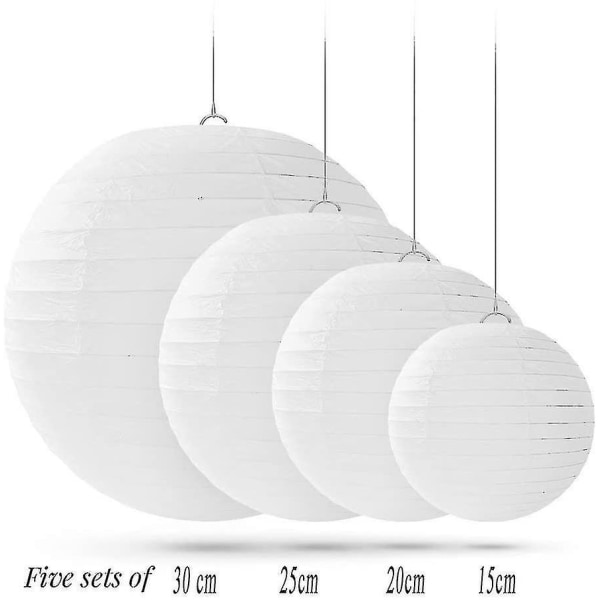 20 kpl valkoisia pyöreitä paperilyhtyjä, joissa on lankanauha, eri kokoja