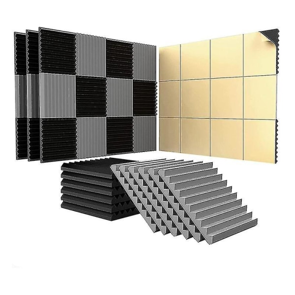 24 pakke akustiske paneler med klæbemiddel, 1 x 12 x 12 tommer lydisolerede skumpaneler, studie, sort+grå