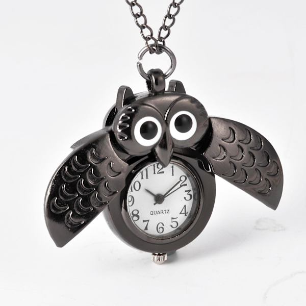 1 stk. Fashion Owl Design sort Tone Quartz Lommeur