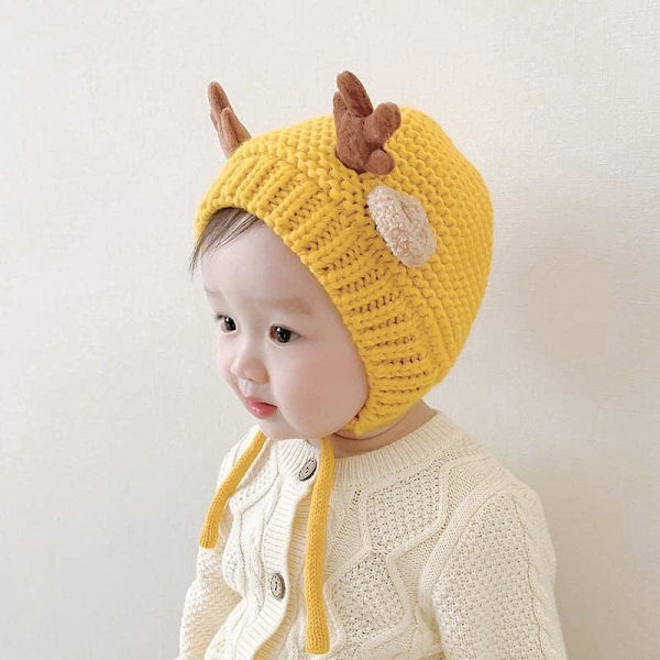 Søt Hjorte-Elg Hodeplagg Babyhatt Vinter Varmt Plysj Strikket Ørevarmer Bonnet Gutter Jenter Caps Beanie med Hakestropp Yellow One Size