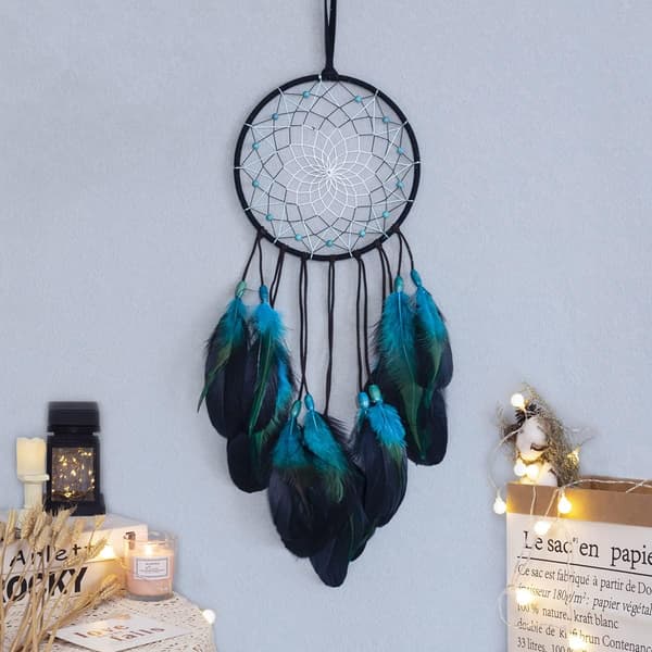 Blå Drömfångare Handgjord, Boho Traditionell Cirkelformad Nät för Väggdekoration, Sovrum Barn, Heminredning, Konst O