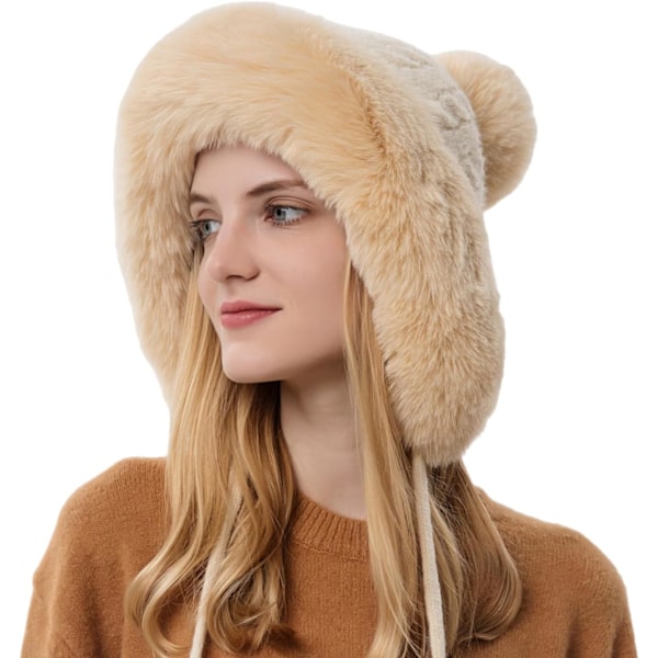 Dam vinter Peruvian öronbeklädnad Beanie Hat Öronklaffar Sherpa Skidmössa Stickad Fleecefodrad 3 Pom Beige Solid One Size