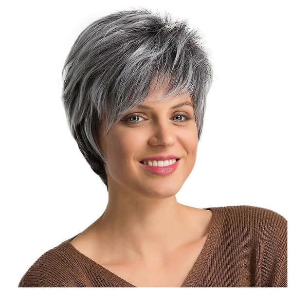 Kort silverfärgad Pixie-peruk för kvinnor, värmebeständig lockig Bob-stil med justerbar ventilerande mössa