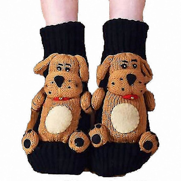 Aikuisten Joulu Liukueste Neulotut Lattiasukat Söpöllä 3D-Sarjakuvaeläimellä Brown dog