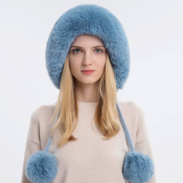 Dam vinter Peruvian öronbeklädnad Beanie Hat Öronklaffar Sherpa Skidmössa Stickad Fleecefodrad 3 Pom Blue One Size