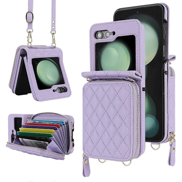 Lommebok-etui for Samsung Galaxy Z Flip 6 med kortholder og justerbar stropp, stilig robust støtsikker lærveske Purple For Galaxy Z Flip 6