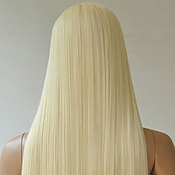 Kvinners lange, rette, fulle parykkhår, blondt syntetisk, uten lugg, cosplay, fest, Qinhai