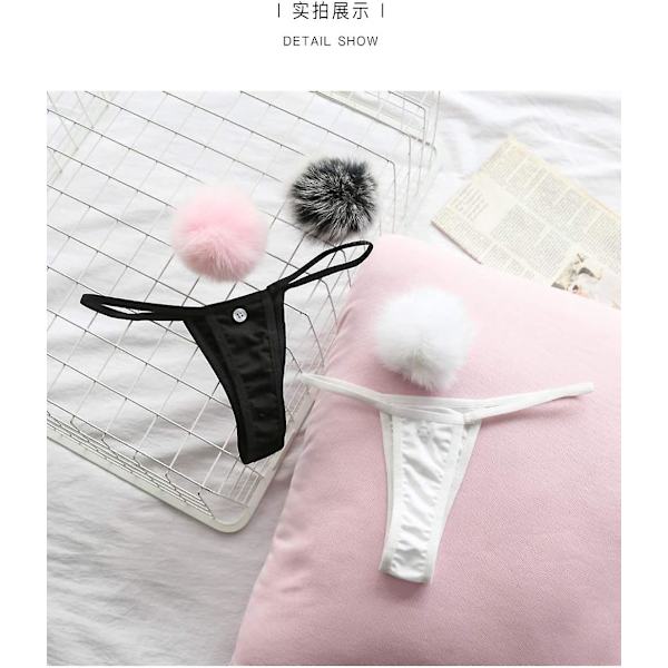 Kaise Dam Thong Pantie Söt Kanin Svans Låg Midja G-string Pälsboll Solid Bikini T-back Cosplay Festdräkt Present Blakc White