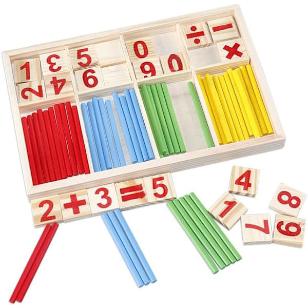 Laskutikkujen laskenta Matematiikan opetuslelu, puiset numerokortit ja laskutikkujen laatikko