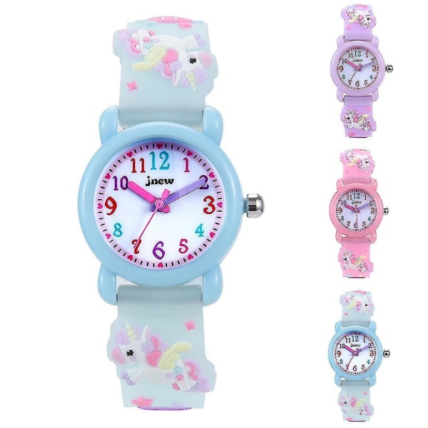 Barn Flickor 3d Cartoon Unicorn Watch Justerbar rem Quartz Analog Armbandsur Brithday Party Presents Light Blue