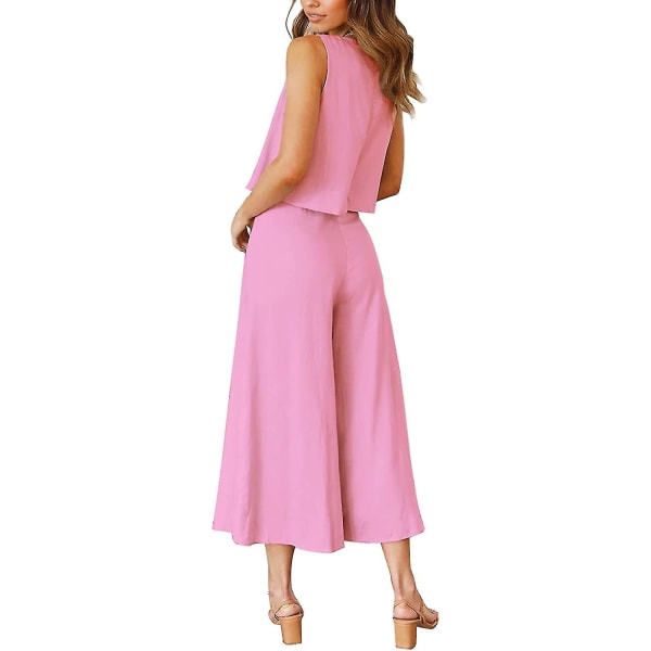 Roylamp Sommer-outfits til kvinder i 2 dele Rundhalset Crop Basic Top Beskåret Bukser med brede ben, Jumpsuits Light Cherry Pink Small