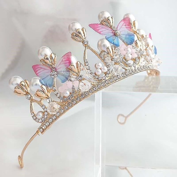 Princess Tiaras tytöille, kristalli tiara helmi Princess Crown -pääpanta (perhonen kruunu) (c-g-3)
