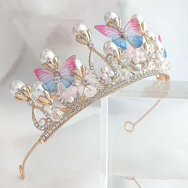 Prinsesse tiaraer til piger, Crystal Tiara Pearl Princess Crown pandebånd (sommerfuglekrone)(c-g-3)