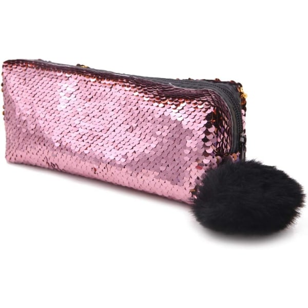 Large Rainbow Reversible Sequin Pencil Case School Glitter Makeup Bag Pouch, Pink + Gold, Modern