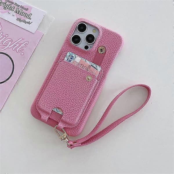 Fodral för iPhone 16 Pro Max, multifunktionella kortfack, läderbaksida med handledsrem Pink