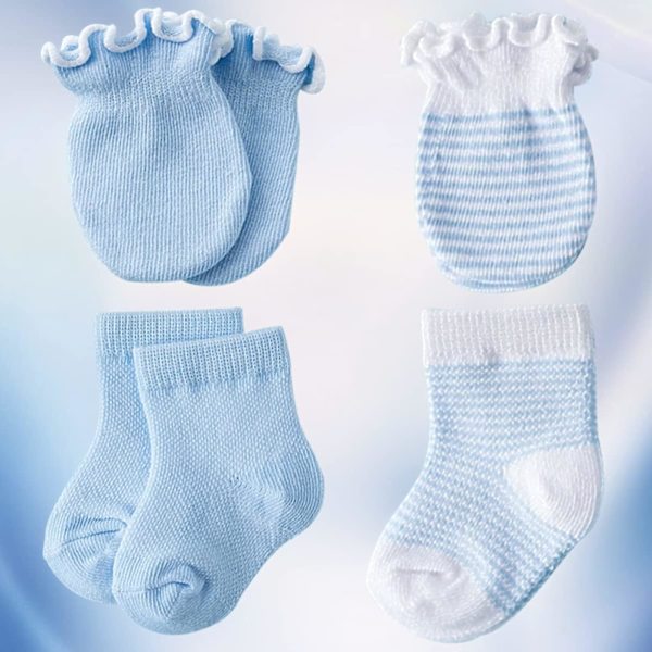 4 par för vantar Bomull Baby Ansikte anti-scratch Blå Nyfödd Scratch Maternal Strumpor Bär Barn Anti- Supplies Lovely