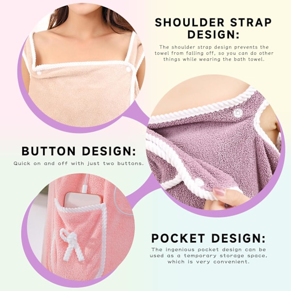 Håndklædekjole, badehåndklæde med stropper og lomme til kvinder, polyester, lilla, 31 tommer × 51 tommer