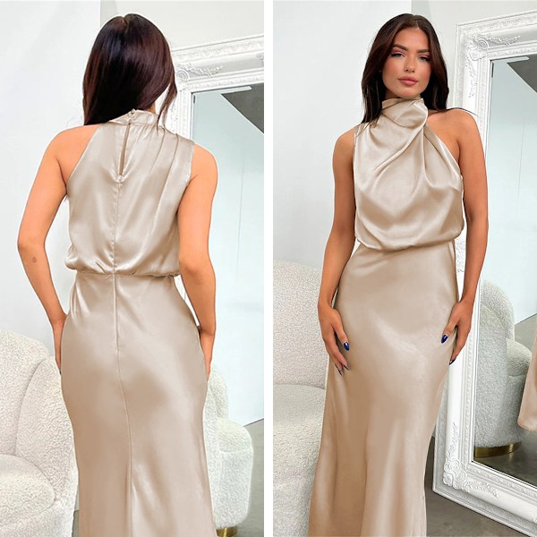 Elegant langærmet satin brudekjole til kvinder med halterneck (M) Apricot XL