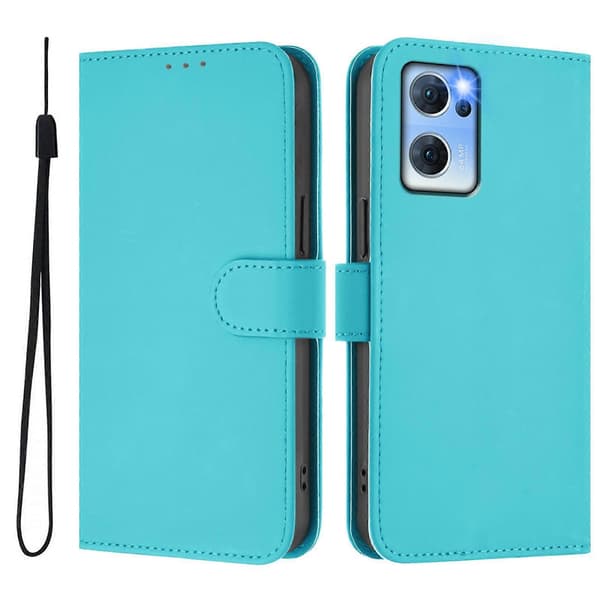 Lanyard PU Etui Til OPPO Reno7 5G Global Lake Blue