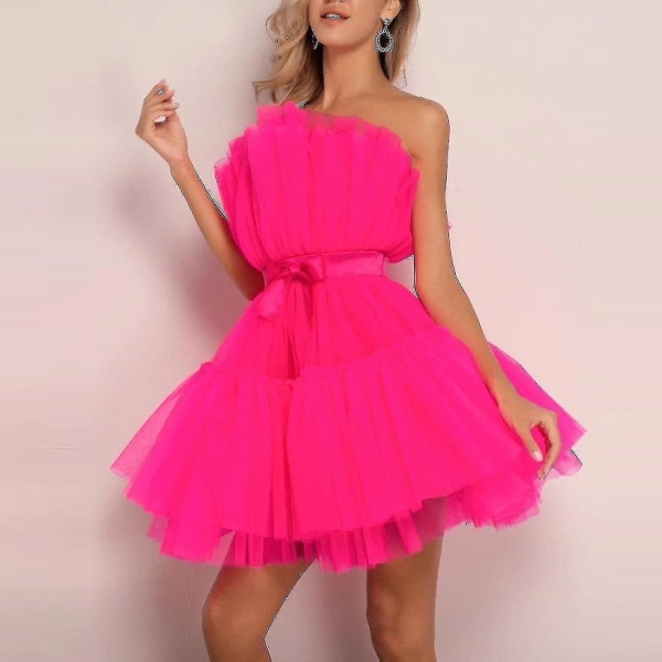 Kvinnor Tyllklänning Ärmlös kort klänning Solid Mesh Princess Steapless Party Dress_y Coral 40